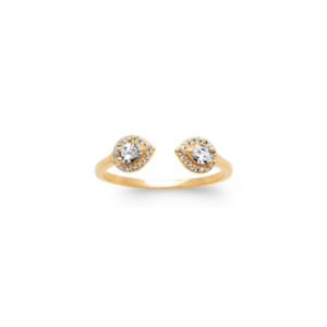 Bague Cassie ouverte en plaqué or 3 microns avec deux motifs goutte et strass blancs – Princess To Lend