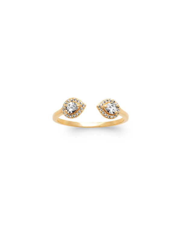 Bague Cassie ouverte en plaqué or 3 microns avec deux motifs goutte et strass blancs – Princess To Lend