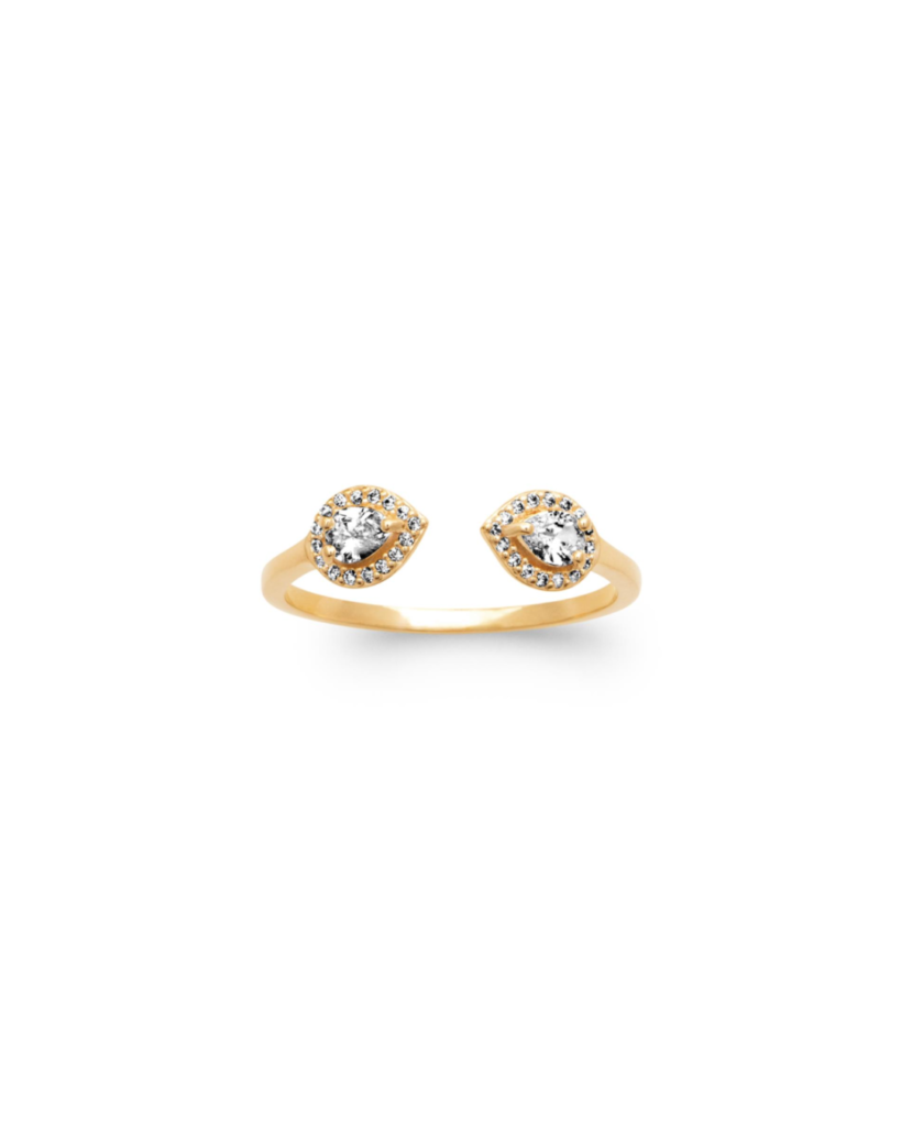 Bague Cassie ouverte en plaqué or 3 microns avec deux motifs goutte et strass blancs – Princess To Lend